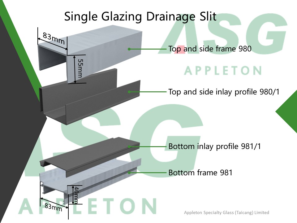 Single glazing drainage slit u shaped glass